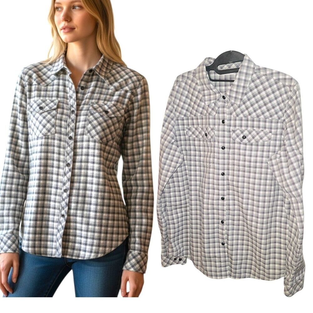 STIO EDDY SzXL Gray Plaid Checkered Snap Button Up Hiking Western Logo L/S Shirt